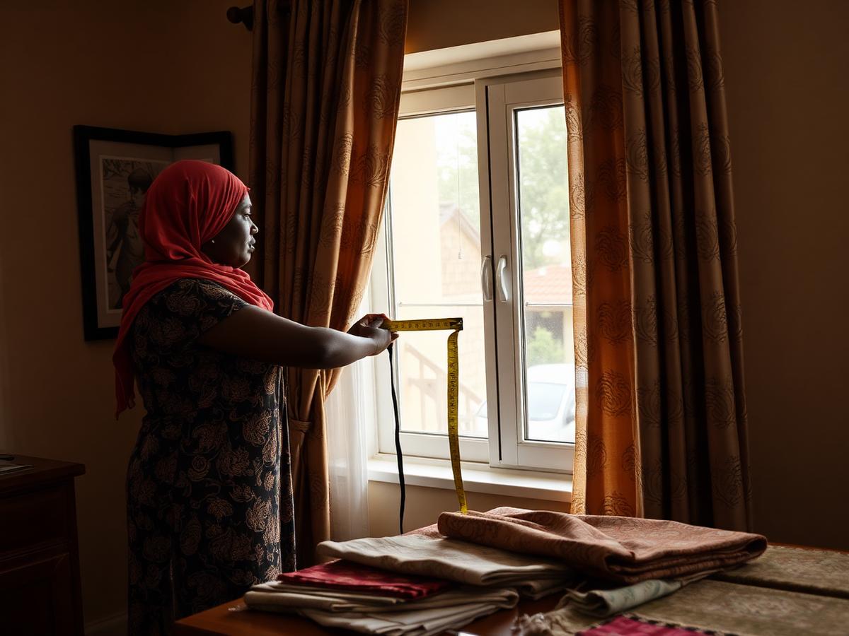Rosmi Interiors decorator measuring a window with fabric swatches
